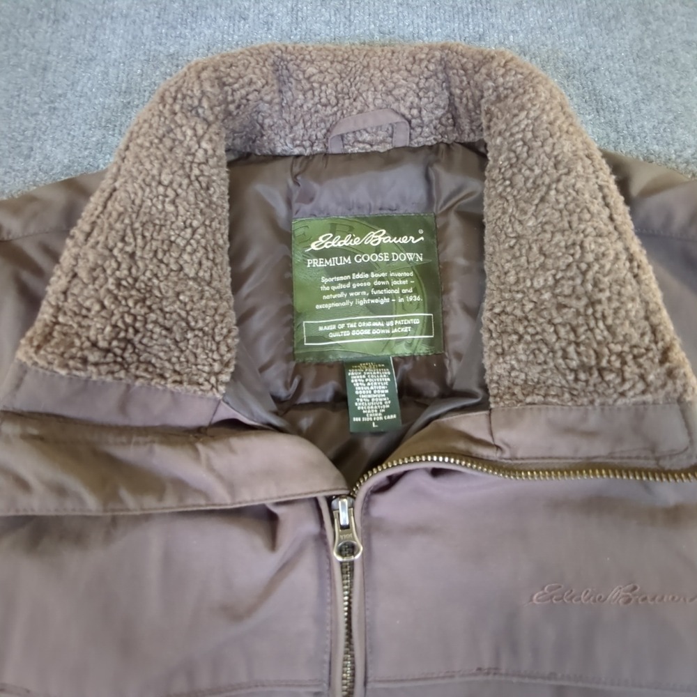 Eddie Bauer Mens Premium Goose Down Jacket Brown Faux Shearling Collar Large